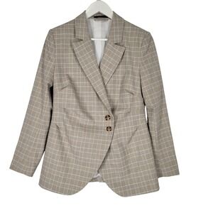 Elie Tahari Pebble Step Plaid Blazer Womens Size 6 Beige Lined Button Front